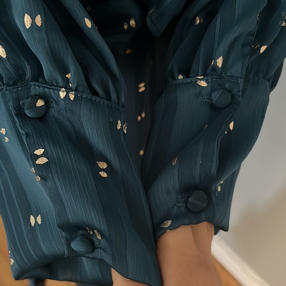 Misa Los Angeles Gabriella Asymmetric Striped Wrap Midi-Dress sheer long sleeve - Picture 9 of 14